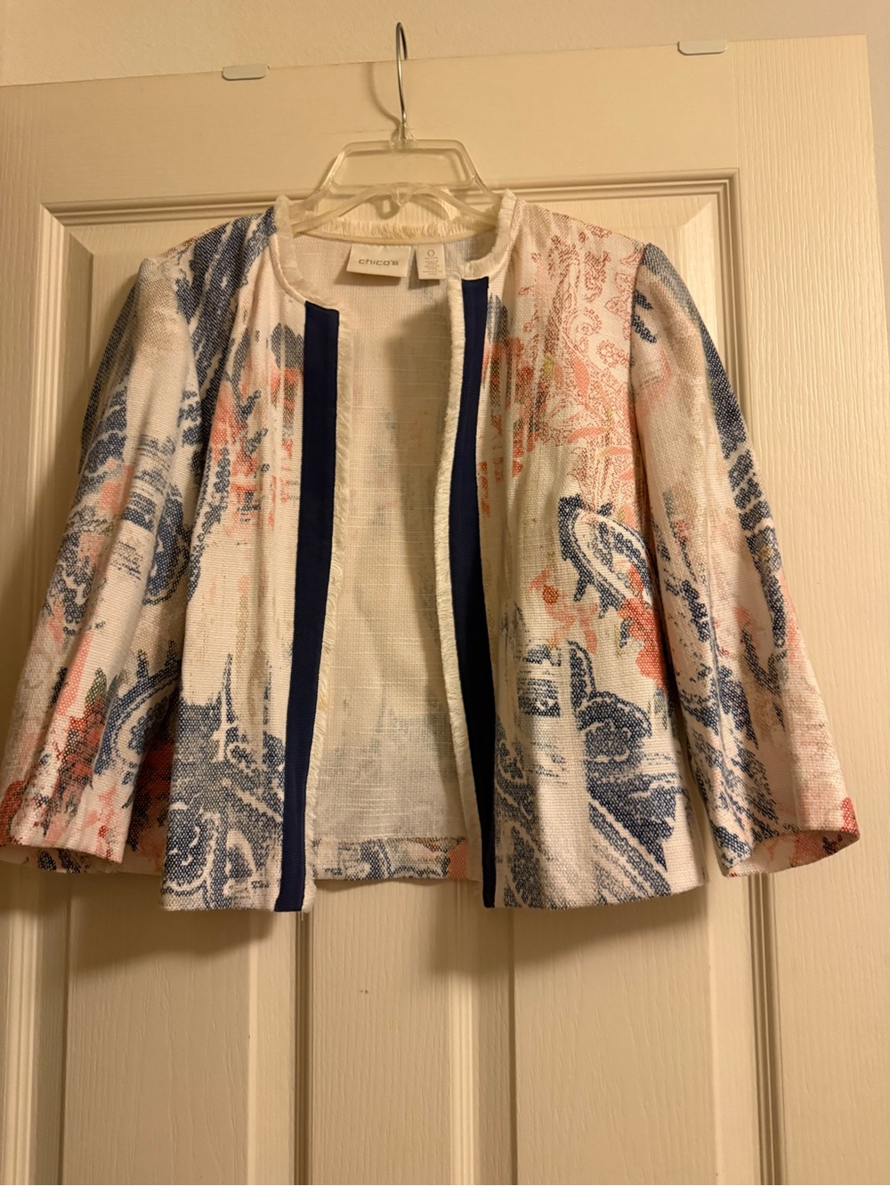 Chico's White Multicolor Open-Front Textured Blazer with Navy Trim